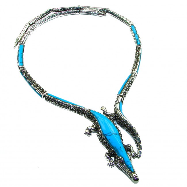 MASSIVE Alligator Genuine Turquoise Marcasite .925 Sterling Silver handmade handcrafted Necklace