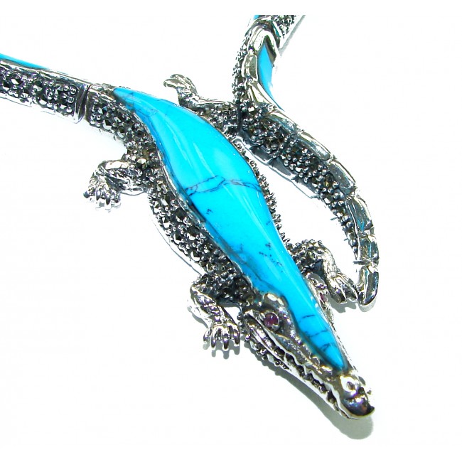 MASSIVE Alligator Genuine Turquoise Marcasite .925 Sterling Silver handmade handcrafted Necklace