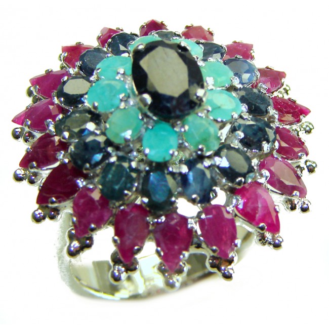 Isabella 40.2 carat Sapphire Emerald Ruby .925 Silver handcrafted Statement Ring s. 8