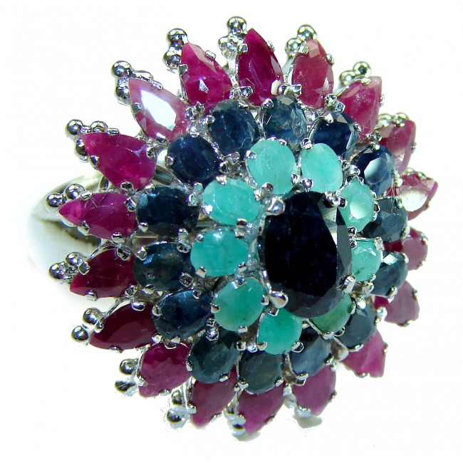 Isabella 40.2 carat Sapphire Emerald Ruby .925 Silver handcrafted Statement Ring s. 8