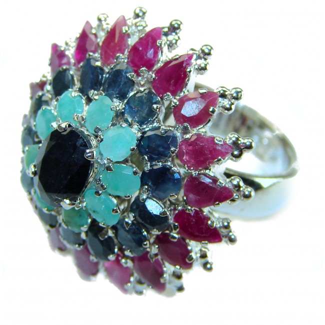 Isabella 40.2 carat Sapphire Emerald Ruby .925 Silver handcrafted Statement Ring s. 8