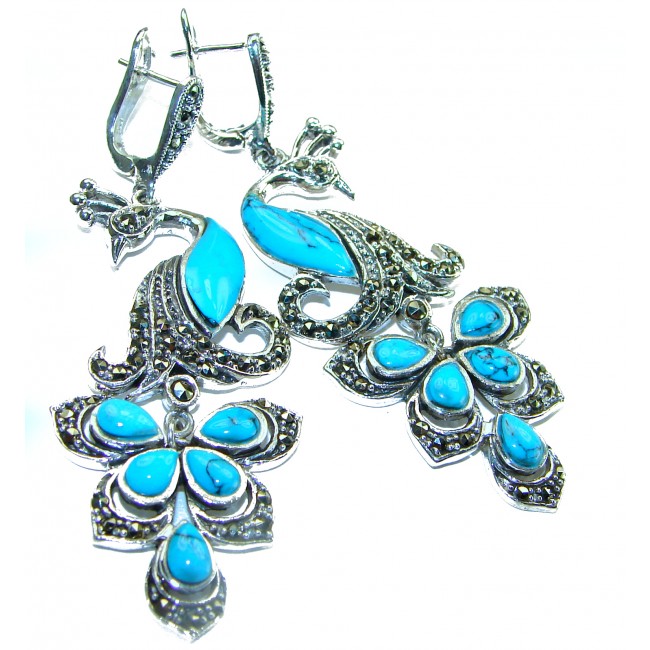 Great Blue Picocks authentic inlay Turquoise .925 Sterling Silver handcrafted Earrings