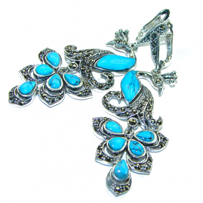 Great Blue Picocks authentic inlay Turquoise .925 Sterling Silver handcrafted Earrings