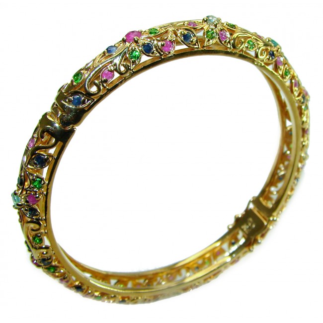 Precious Natural 22.5 carat Ruby Emerald Sapphire 14K Gold over .925 Sterling Silver Bangle bracelet