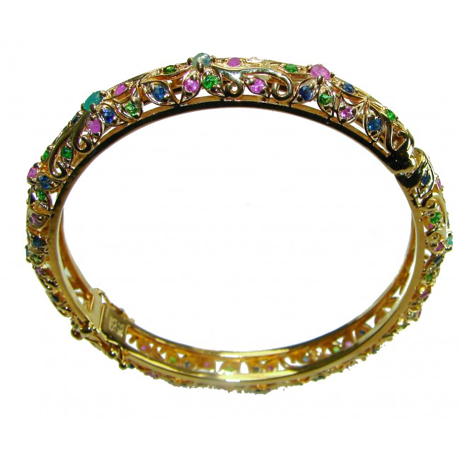 Precious Natural 22.5 carat Ruby Emerald Sapphire 14K Gold over .925 Sterling Silver Bangle bracelet