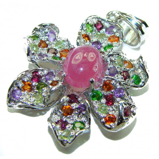 Unique Floral design 5.2 carat Ruby Tourmaline .925 Sterling Silver handmade Pendant