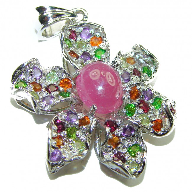 Unique Floral design 5.2 carat Ruby Tourmaline .925 Sterling Silver handmade Pendant