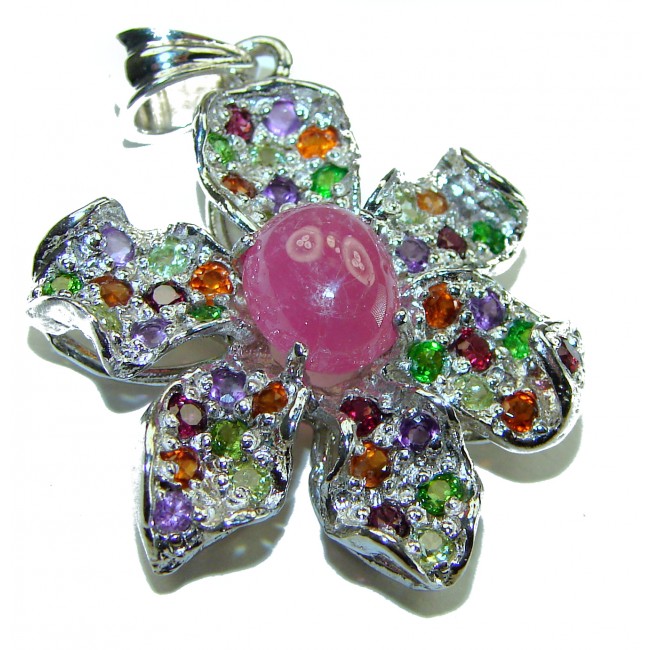 Unique Floral design 5.2 carat Ruby Tourmaline .925 Sterling Silver handmade Pendant