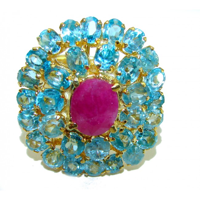 Vintage Design 9.2 carat natural Ruby Swiss Blue Topaz 18K Gold over over .925 Sterling Silver handcrafted Statement ring Size 7