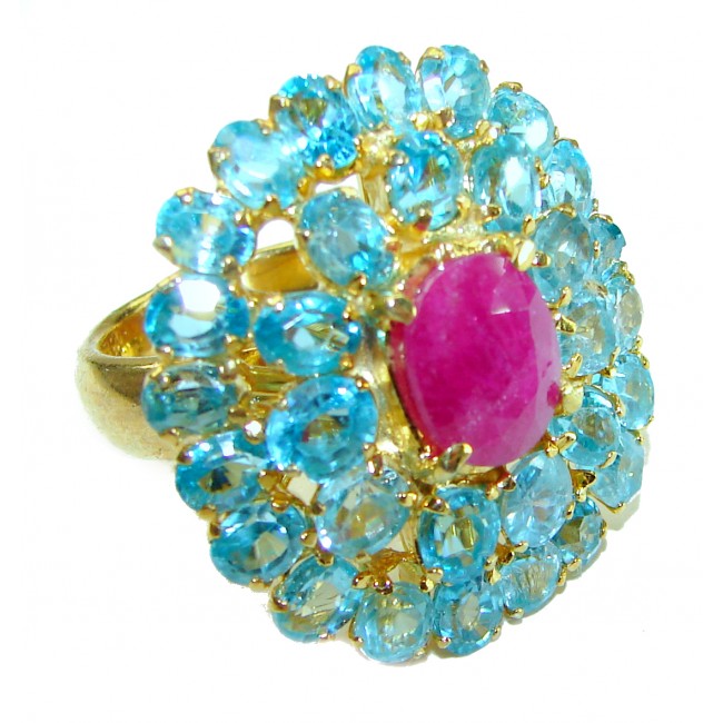 Vintage Design 9.2 carat natural Ruby Swiss Blue Topaz 18K Gold over over .925 Sterling Silver handcrafted Statement ring Size 7