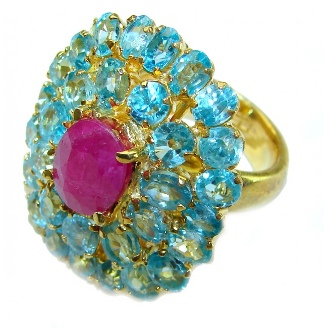 Vintage Design 9.2 carat natural Ruby Swiss Blue Topaz 18K Gold over over .925 Sterling Silver handcrafted Statement ring Size 7