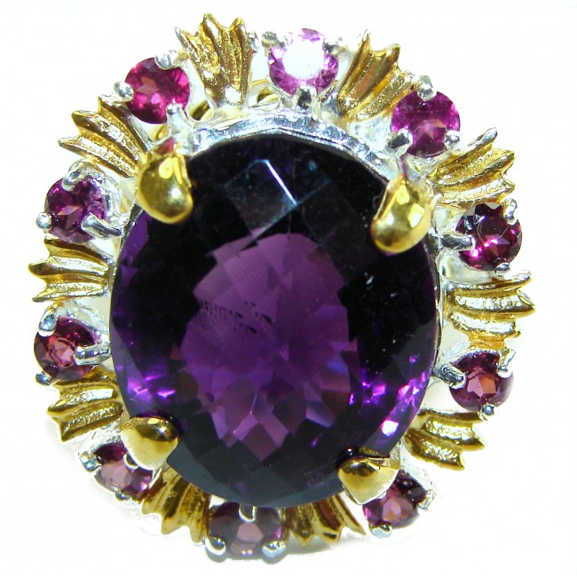 28.5 carat African Amethyst 14K Gold over .925 Sterling Silver Handcrafted Large Ring size 8