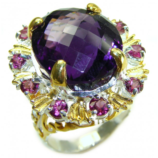 28.5 carat African Amethyst 14K Gold over .925 Sterling Silver Handcrafted Large Ring size 8