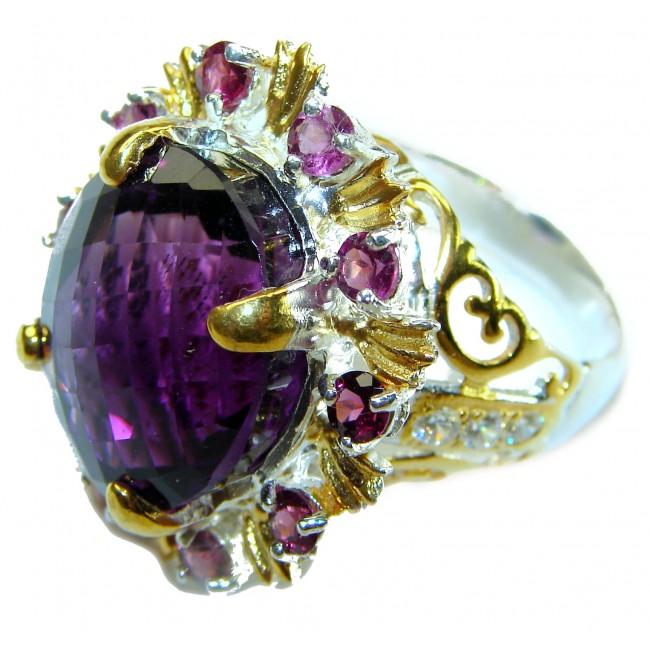 28.5 carat African Amethyst 14K Gold over .925 Sterling Silver Handcrafted Large Ring size 8