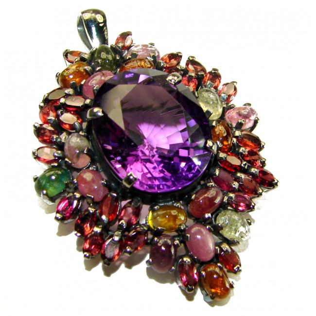 Mademoiselle - Vintage Design 25 CARAT Amethyst Braziian Tourmaline black rhodium over .925 Sterling Silver handcrafted Pendant & Brooch