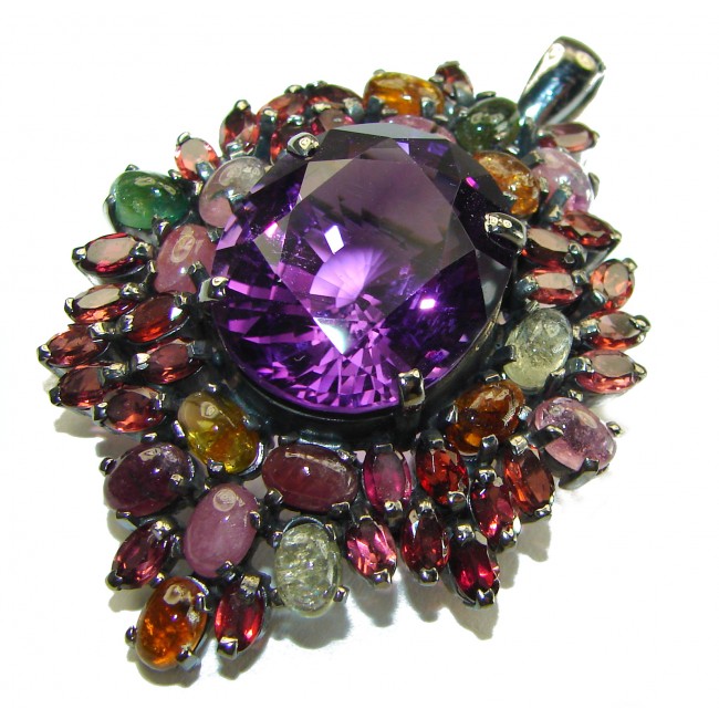 Mademoiselle - Vintage Design 25 CARAT Amethyst Braziian Tourmaline black rhodium over .925 Sterling Silver handcrafted Pendant & Brooch