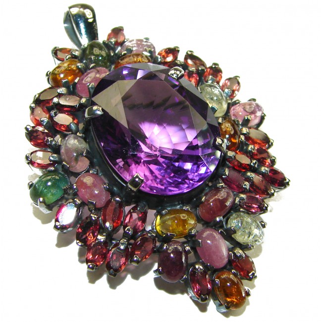 Mademoiselle - Vintage Design 25 CARAT Amethyst Braziian Tourmaline black rhodium over .925 Sterling Silver handcrafted Pendant & Brooch