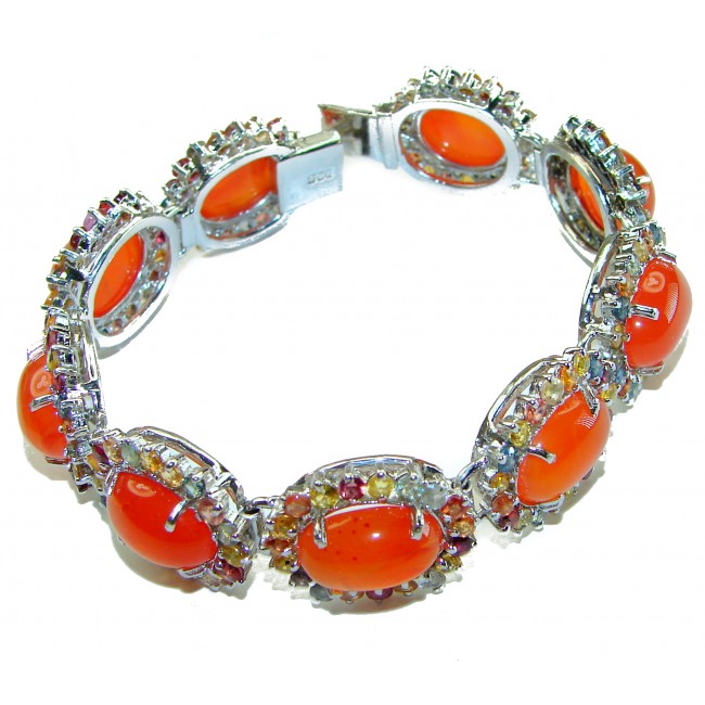 Stunning genuine 65.5 carat Carnelian multicolor Sapphire .925 Sterling Silver handmade Bracelet