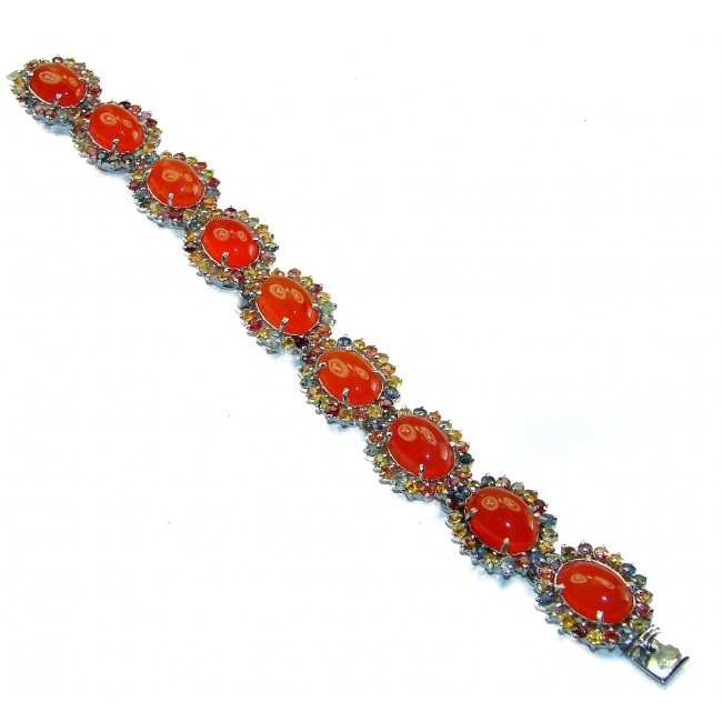 Stunning genuine 65.5 carat Carnelian multicolor Sapphire .925 Sterling Silver handmade Bracelet