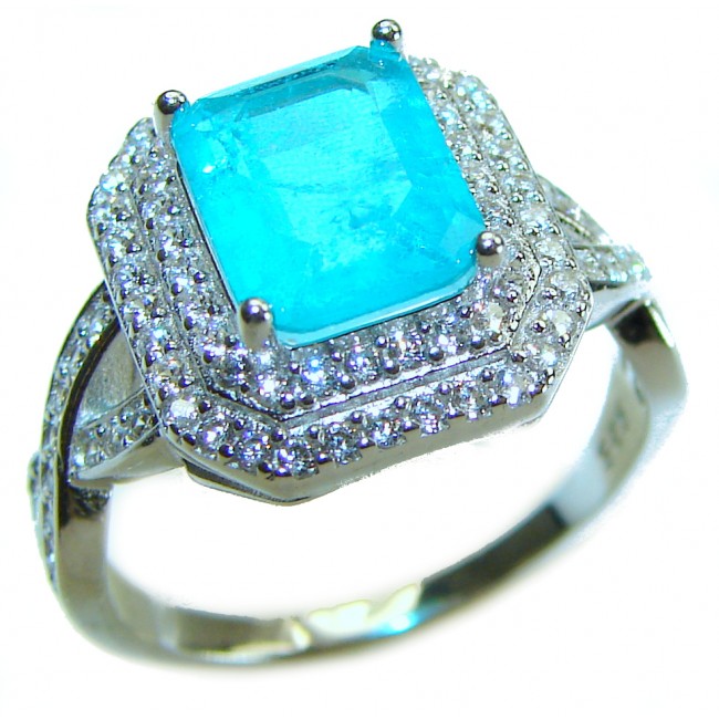 Emerald Cut 3.6 ctw Paraiba Tourmaline .925 Sterling Silver handcrafted Statement Ring size 7