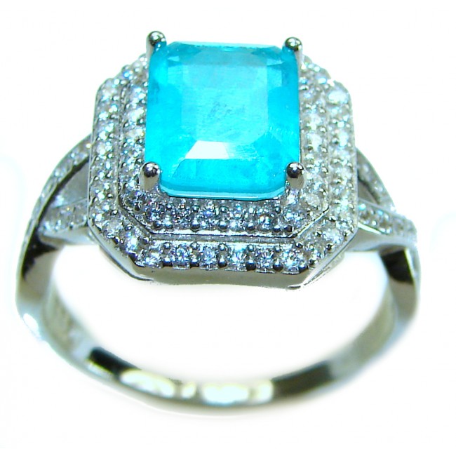 Emerald Cut 3.6 ctw Paraiba Tourmaline .925 Sterling Silver handcrafted Statement Ring size 7