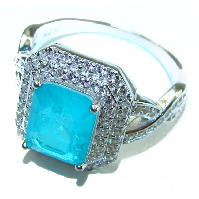 Emerald Cut 3.6 ctw Paraiba Tourmaline .925 Sterling Silver handcrafted Statement Ring size 7