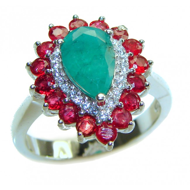 Authentic 2.1 carat Ruby Emerald .925 Sterling Silver handmade Cocktail Ring s. 8