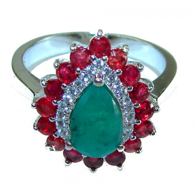 Authentic 2.1 carat Ruby Emerald .925 Sterling Silver handmade Cocktail Ring s. 8