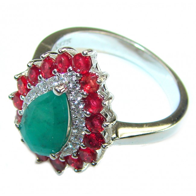 Authentic 2.1 carat Ruby Emerald .925 Sterling Silver handmade Cocktail Ring s. 8