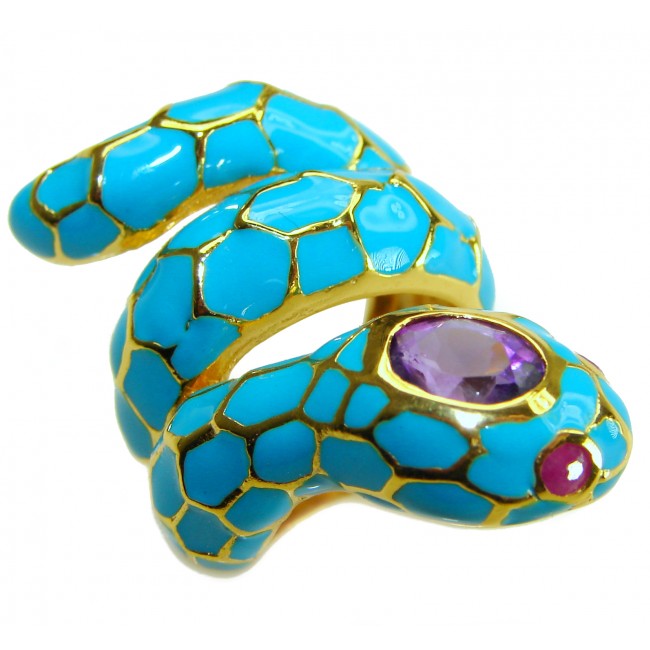 Blue Snake inlay Truquoise Enamel 18K Gold over .925 Sterling Silver Huge handcrafted Ring s. 6