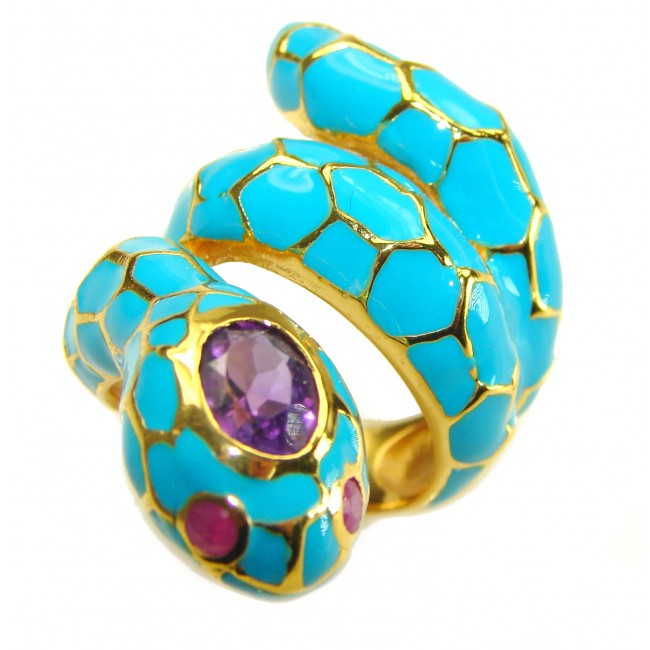 Blue Snake inlay Truquoise Enamel 18K Gold over .925 Sterling Silver Huge handcrafted Ring s. 6