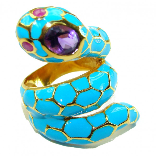 Blue Snake inlay Truquoise Enamel 18K Gold over .925 Sterling Silver Huge handcrafted Ring s. 6