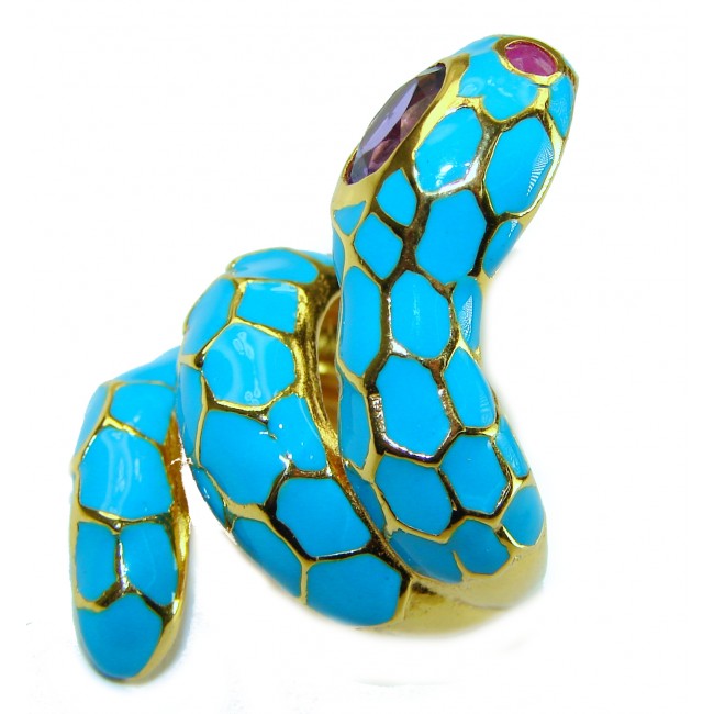 Blue Snake inlay Truquoise Enamel 18K Gold over .925 Sterling Silver Huge handcrafted Ring s. 6