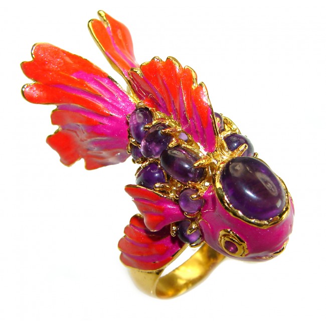 Lucky Fish Enamel Ruby 18K Gold over .925 Sterling Silver Huge handcrafted Ring s. 8 1/4