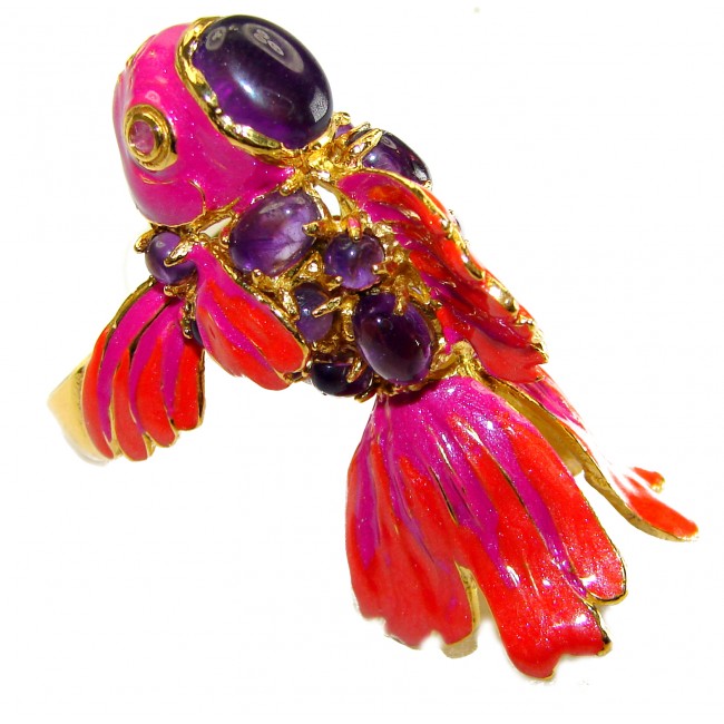 Lucky Fish Enamel Ruby 18K Gold over .925 Sterling Silver Huge handcrafted Ring s. 8 1/4