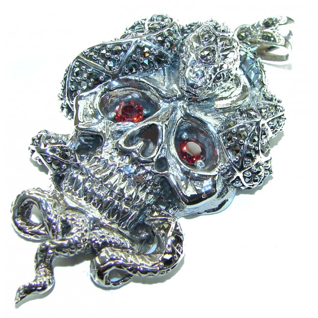 Huge Ghost Rider Ruby Authentic 3.8 carat Ruby Marcasite .925 Sterling Silver handcrafted Pendant