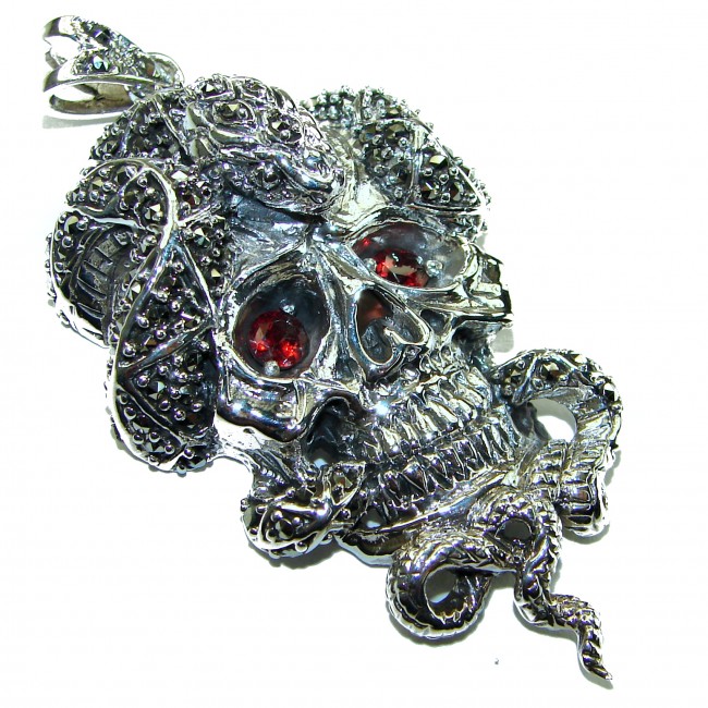 Huge Ghost Rider Ruby Authentic 3.8 carat Ruby Marcasite .925 Sterling Silver handcrafted Pendant