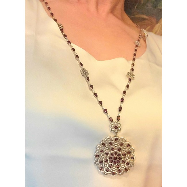 32 inches Bella Rosa authentic 88.9 carat Garnet White Sapphire .925 Sterling Silver handcrafted Statement Necklace