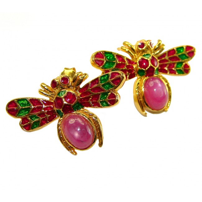 Golden Bees Very Unique Ruby Enamel 18K Gold over .925 Sterling Silver handcrafted earrings