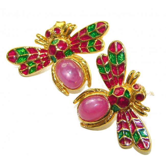 Golden Bees Very Unique Ruby Enamel 18K Gold over .925 Sterling Silver handcrafted earrings