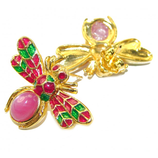 Golden Bees Very Unique Ruby Enamel 18K Gold over .925 Sterling Silver handcrafted earrings