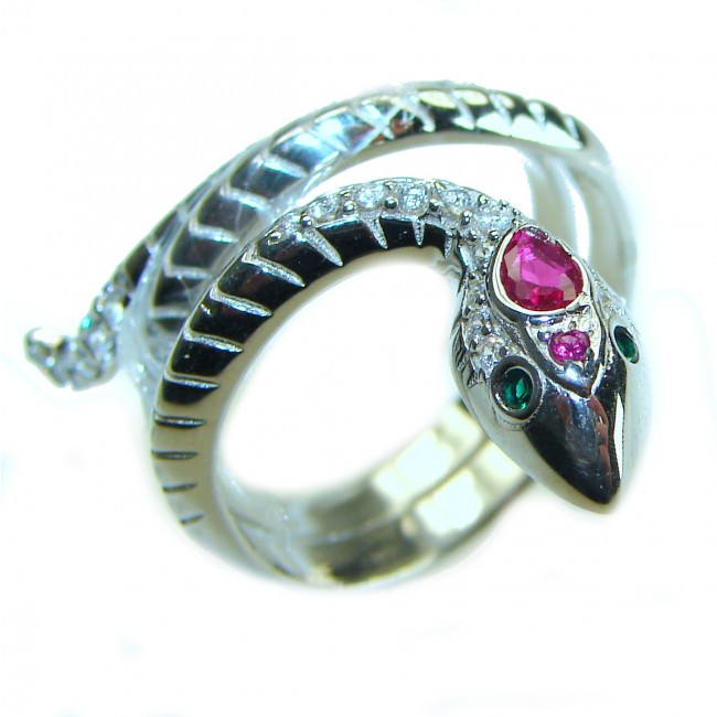 Red Snake 0.8 carat Ruby Emerald .925 Sterling Silver Huge handcrafted Ring s. 7 1/4