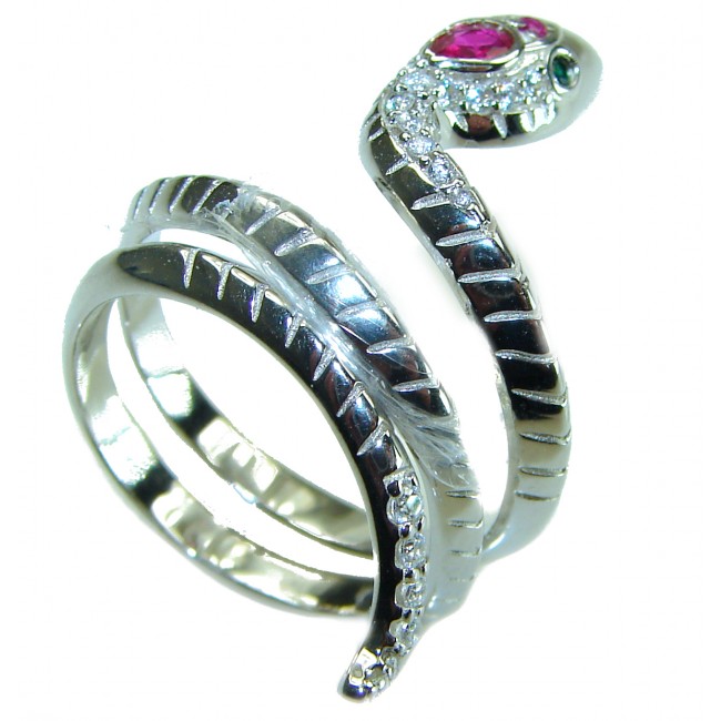 Red Snake 0.8 carat Ruby Emerald .925 Sterling Silver Huge handcrafted Ring s. 7 1/4