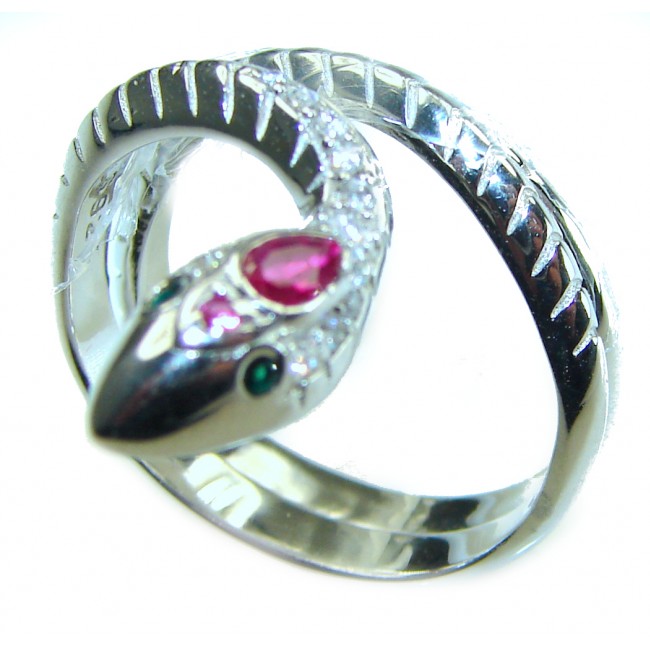 Red Snake 0.8 carat Ruby Emerald .925 Sterling Silver Huge handcrafted Ring s. 7 1/4