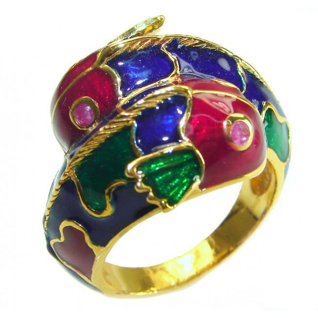 Luxurious Lucky Fishes Natural Ruby Enamel 18K Gold over .925 Sterling Silver Huge handcrafted Ring s. 8 1/4