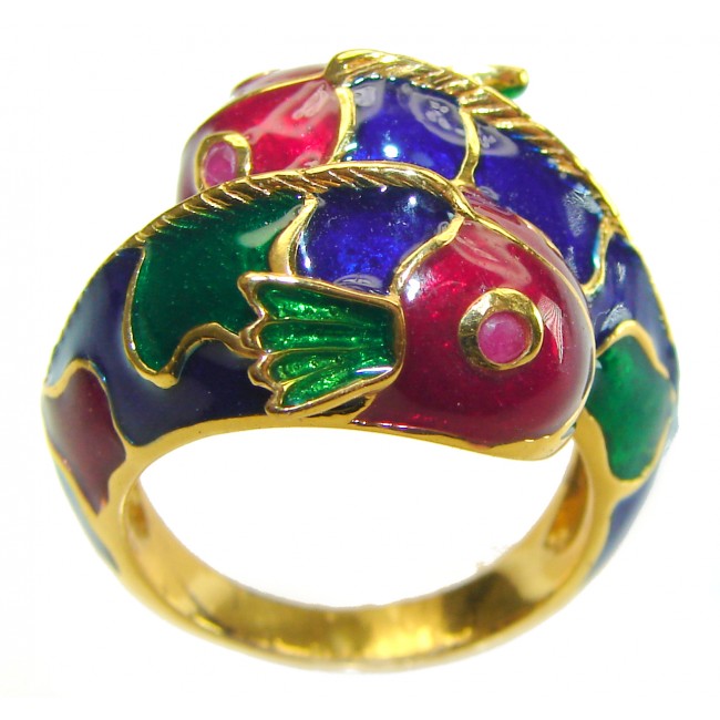 Luxurious Lucky Fishes Natural Ruby Enamel 18K Gold over .925 Sterling Silver Huge handcrafted Ring s. 8 1/4