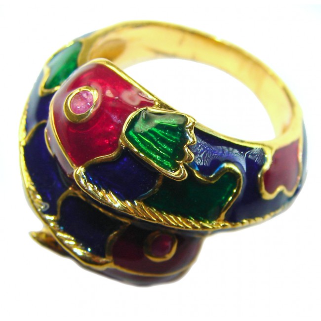 Luxurious Lucky Fishes Natural Ruby Enamel 18K Gold over .925 Sterling Silver Huge handcrafted Ring s. 8 1/4