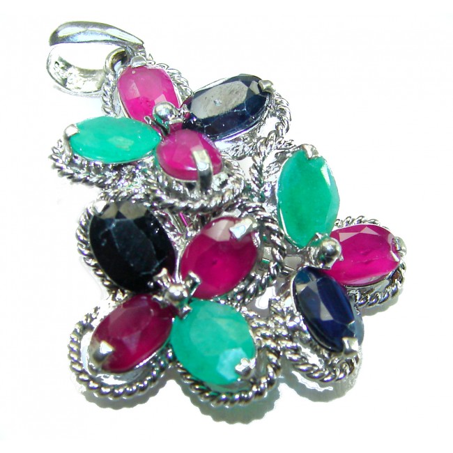 Precious Genuine 14.5 carat Emerald Ruby Sapphire .925 Sterling Silver handmade Pendant - Brooch