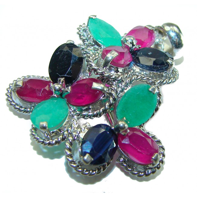 Precious Genuine 14.5 carat Emerald Ruby Sapphire .925 Sterling Silver handmade Pendant - Brooch