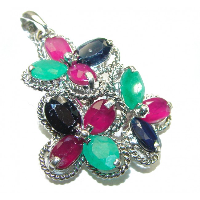 Precious Genuine 14.5 carat Emerald Ruby Sapphire .925 Sterling Silver handmade Pendant - Brooch